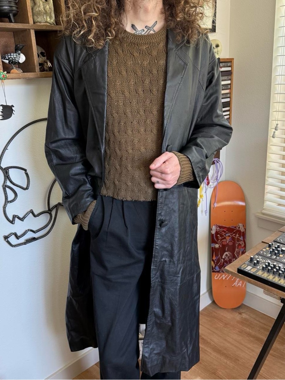 Vintage 90s Black Leather Trench Coat Duster Matrix Goth ~ Size 2X